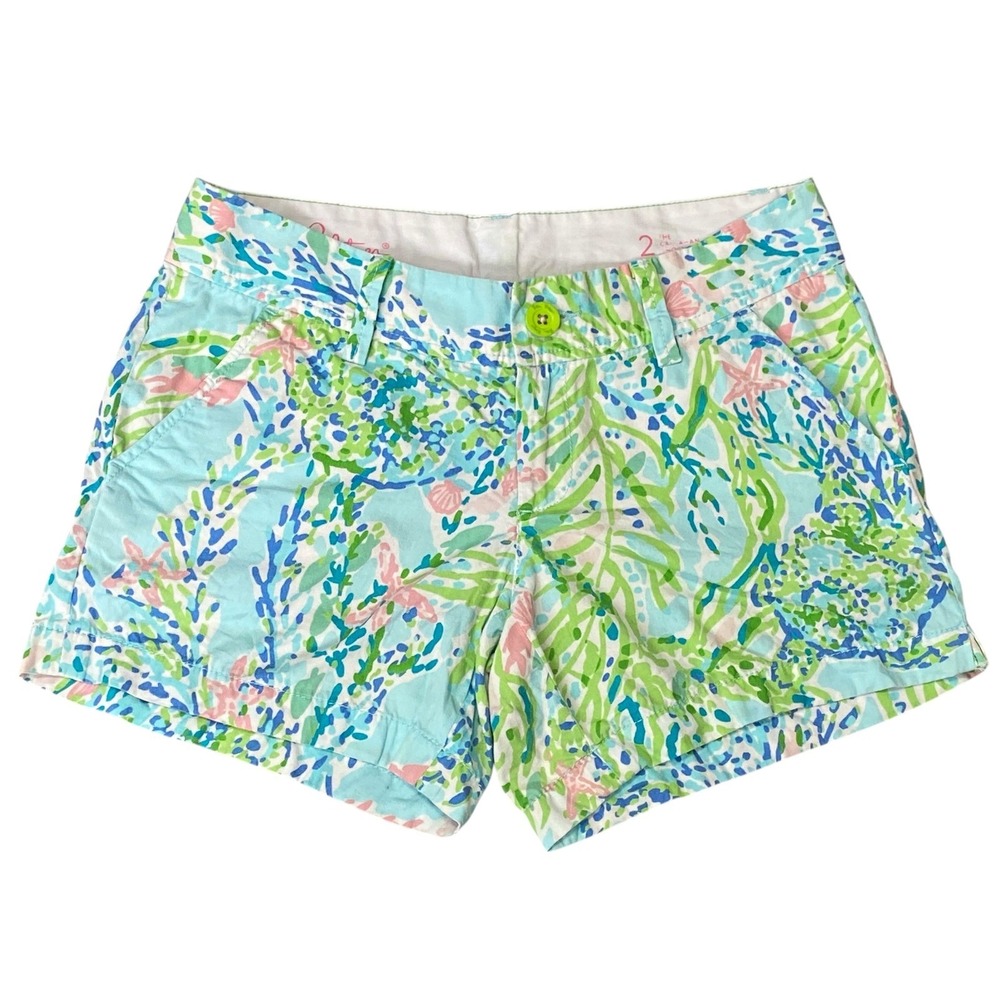 Lilly Pulitzer Callahan Shorts Blue‎ Green Starfish Coral Coastal Print Size 2